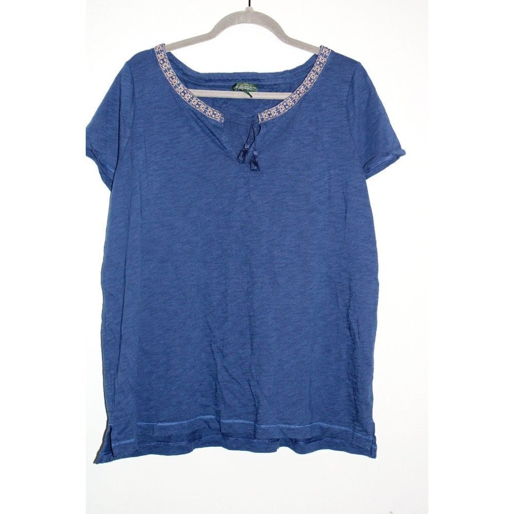 Lauren Ralph Lauren Blouse Women's 2X Blue Embroidered Neck Tassels Short Sleeve